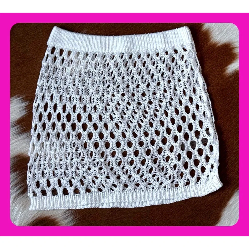 White Crochet Fishnet Swim Cover Up Skirt XS Bikini Cover Beach Pool‎ Resort